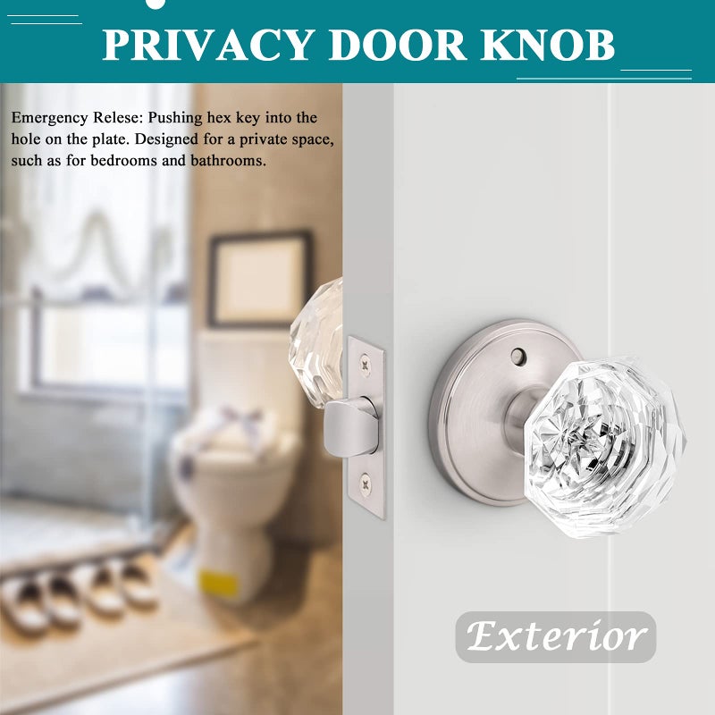 Orger 5 Pack Privacy Door Knobs  Clear Glass Door Handles with Satin Nickel Finish  Crystal Interior Door Handles for Bed/Bathroom  Zinc Alloy Round Rosette - Image 3